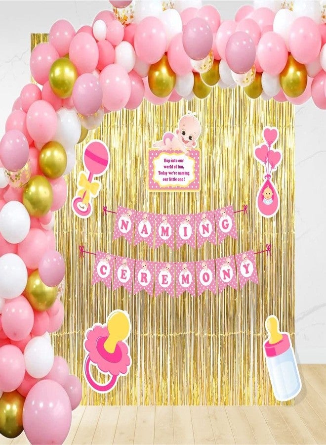 Untumble Pink Baby Girl Naming Ceremony Decorations Kit With Banner, Golden Foil Curtain & Balloons | Pack of 42 - Image 1